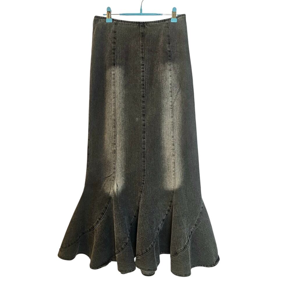 Vintage Y2K Black Faded Denim Jean Mermaid Flared Long Maxi Skirt